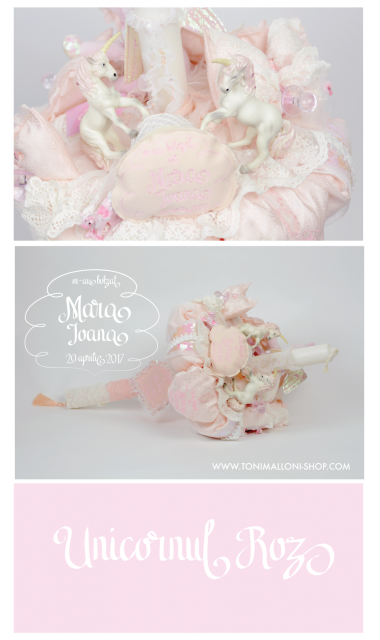 Lumanare de botez cu unicorni si broderie personalizata, 65x4 cm, Taramul unicornilor 11